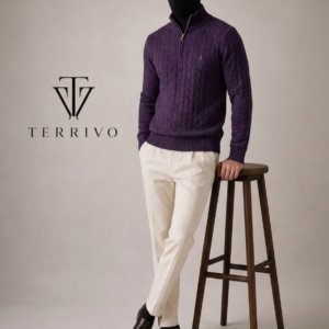 Terrivo Signature Cable-Knit Quarter-Zip Sweater – Royal Purple