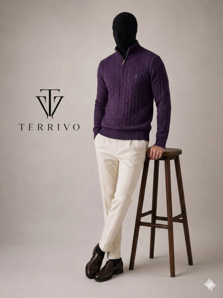 Terrivo Signature Cable-Knit Quarter-Zip Sweater – Royal Purple