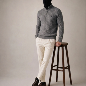 Premium Cable-Knit Quarter-Zip Sweater – Ash Grey
