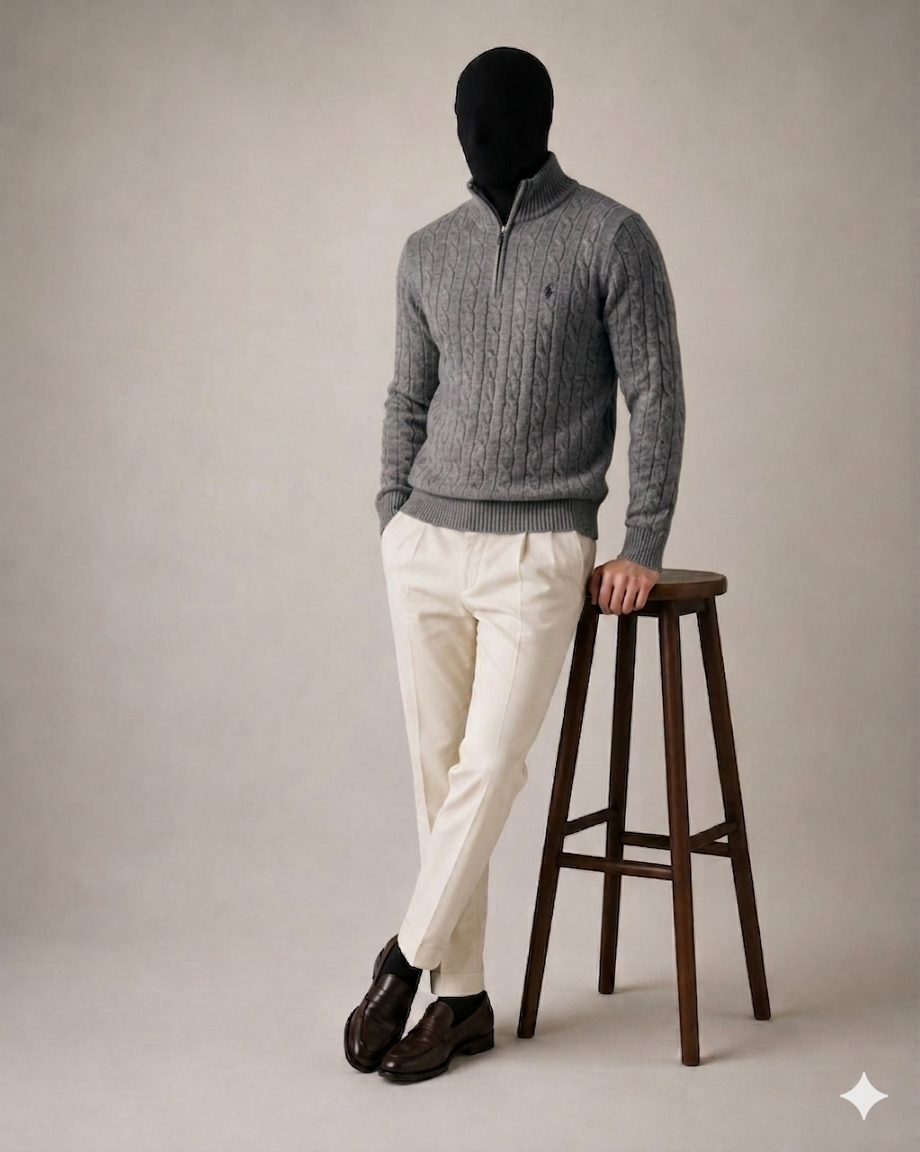 Premium Cable-Knit Quarter-Zip Sweater – Ash Grey
