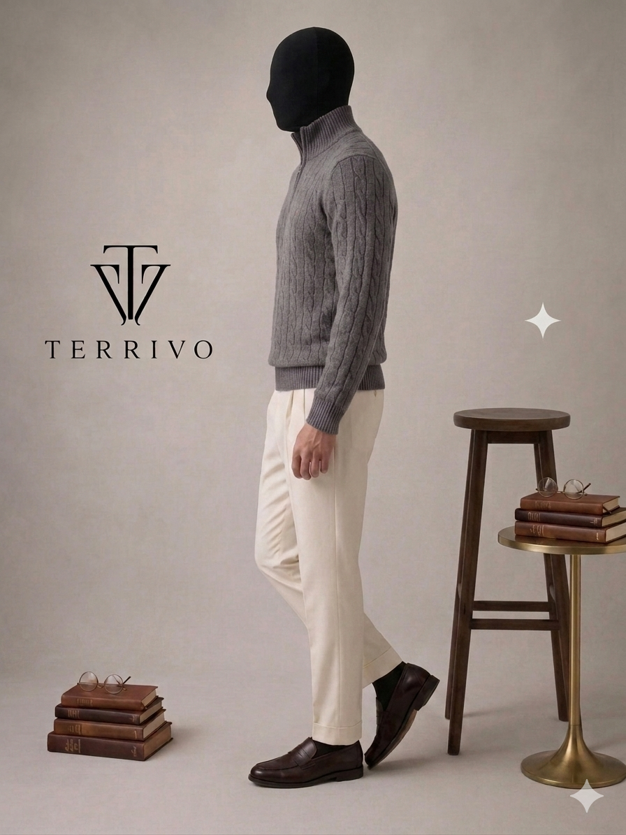 Premium Cable-Knit Quarter-Zip Sweater – Ash Grey - Image 3