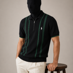 Black & Green Stripe Knit Polo Shirt