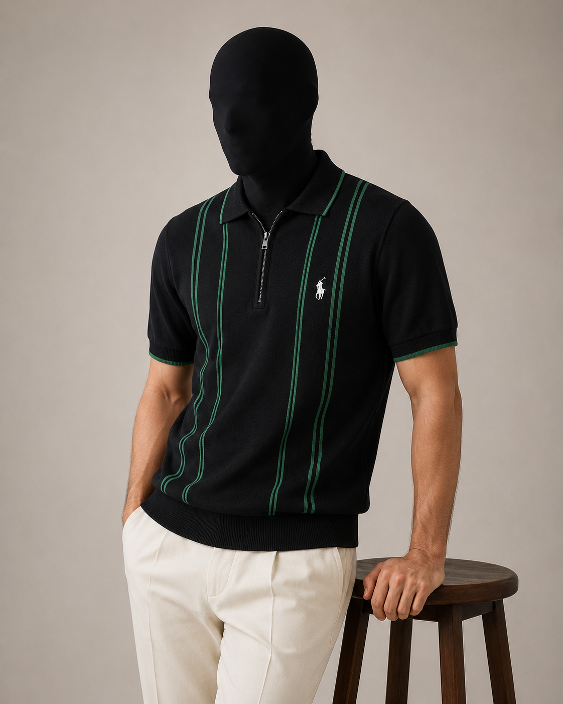 Black & Green Stripe Knit Polo Shirt