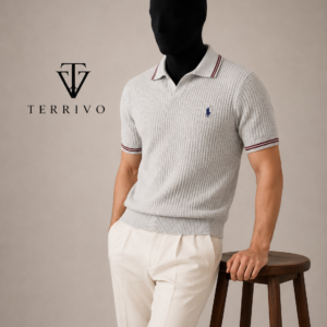 Light Grey Knit Polo Shirt with Contrast Trim