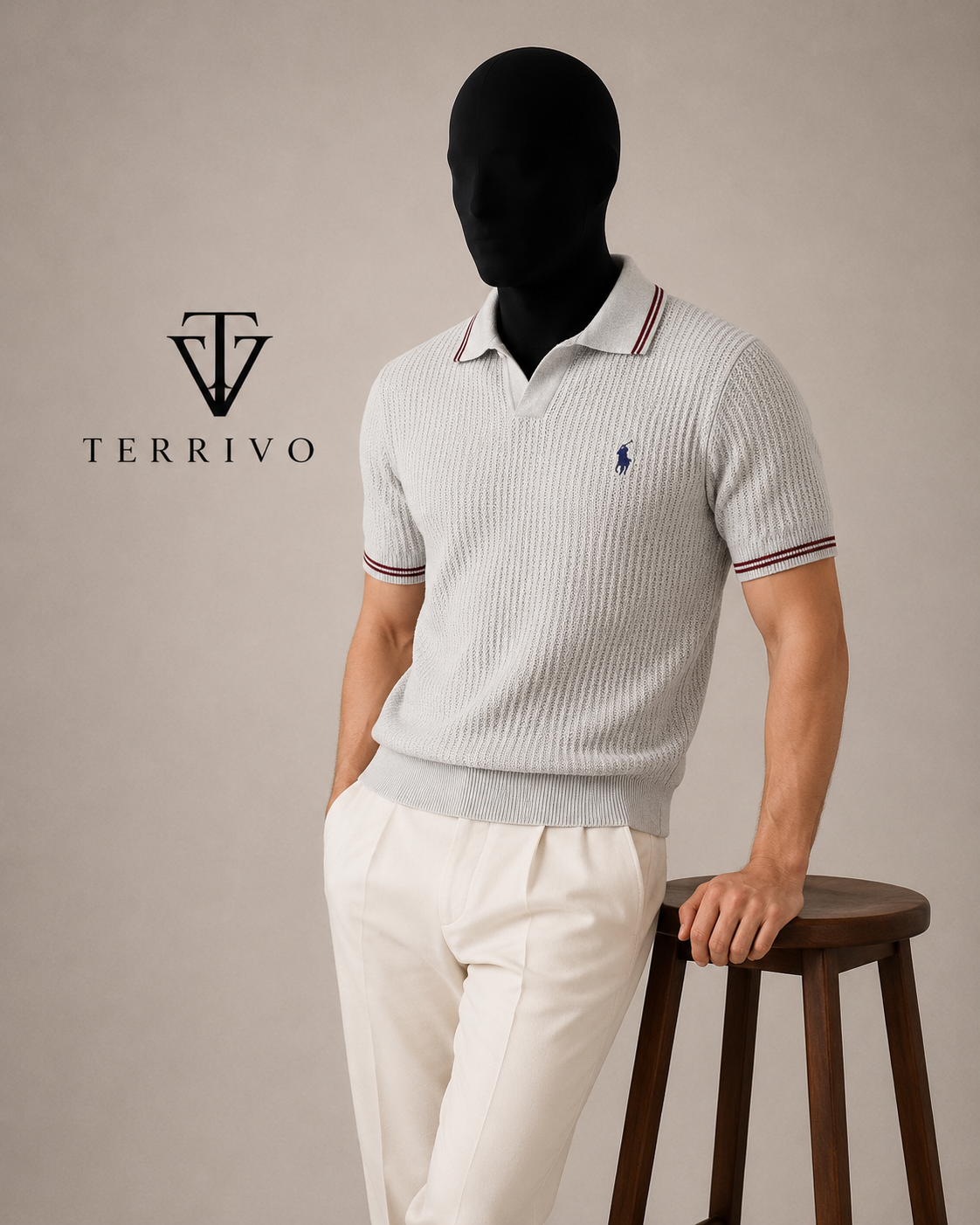Light Grey Knit Polo Shirt with Contrast Trim