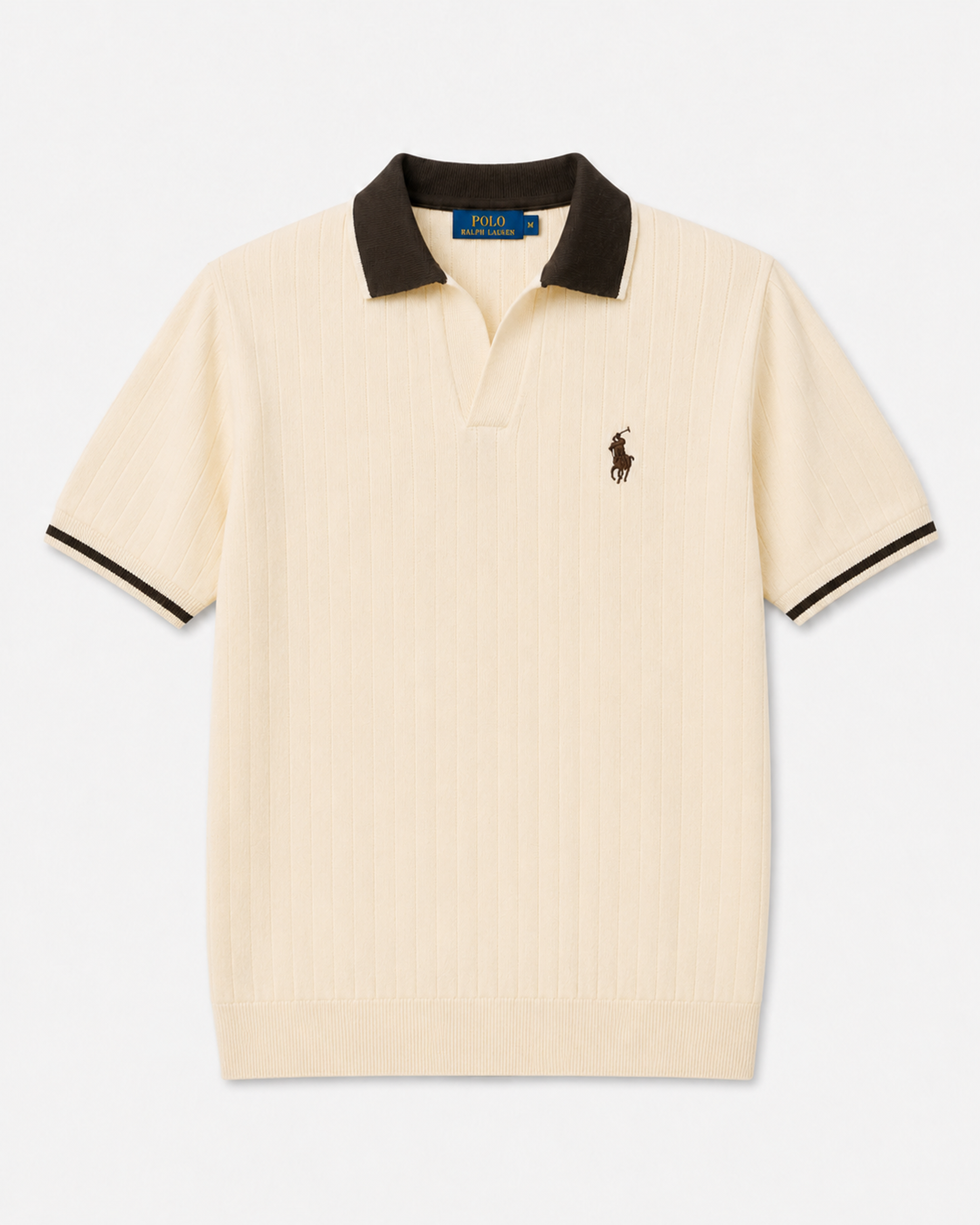 Polo Ralph Lauren Ribbed Knit Polo Shirt – Cream with Coffee Brown Collar - Image 2