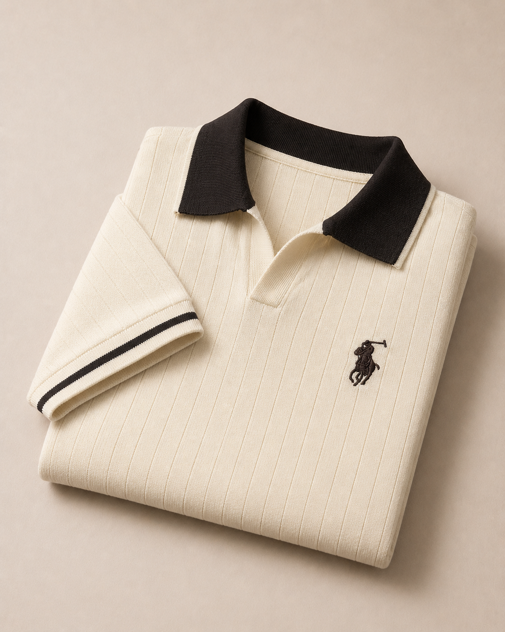 Polo Ralph Lauren Ribbed Knit Polo Shirt – Cream with Coffee Brown Collar - Image 3
