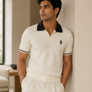Polo Ralph Lauren Ribbed Knit Polo Shirt – Cream with Coffee Brown Collar
