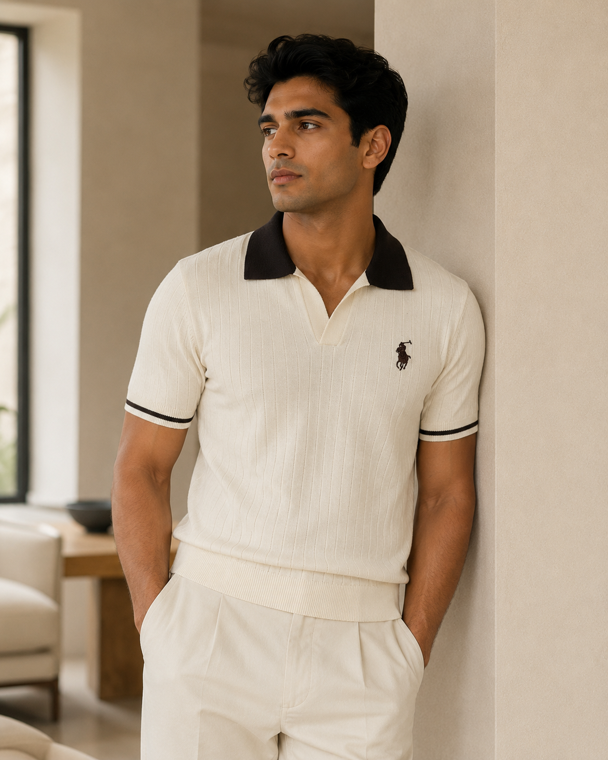Polo Ralph Lauren Ribbed Knit Polo Shirt – Cream with Coffee Brown Collar