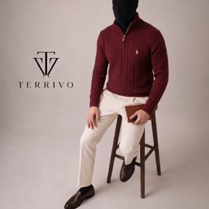 Premium Burgundy Cable Knit Quarter-Zip Sweater | Luxury Knitwear | Terrivo