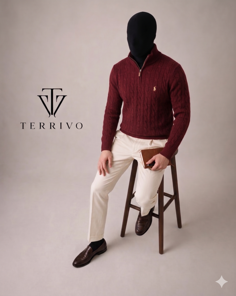 Premium Burgundy Cable Knit Quarter-Zip Sweater | Luxury Knitwear | Terrivo