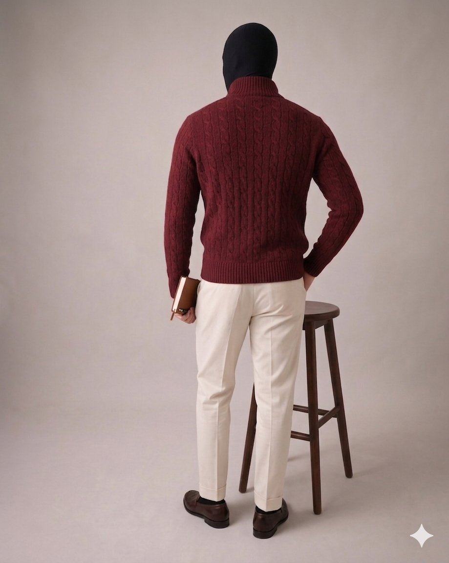 Premium Burgundy Cable Knit Quarter-Zip Sweater | Luxury Knitwear | Terrivo - Image 2